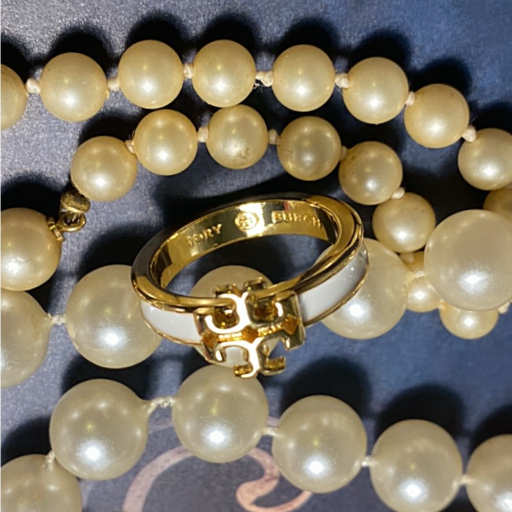 Tory Burch Gold and White Enamel Ring